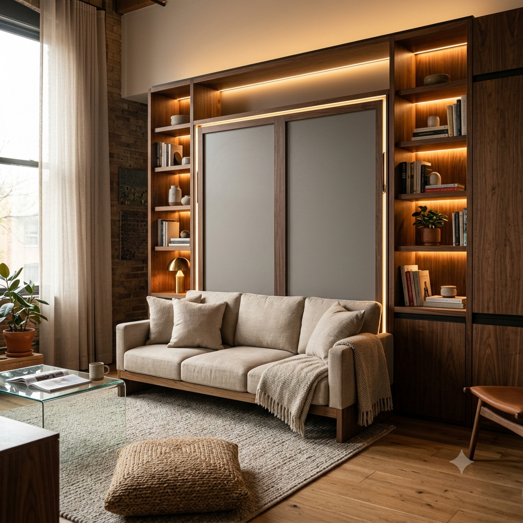 Murphy bed with integrated sofa and LED bookshelf, revealing smart living spaces by day